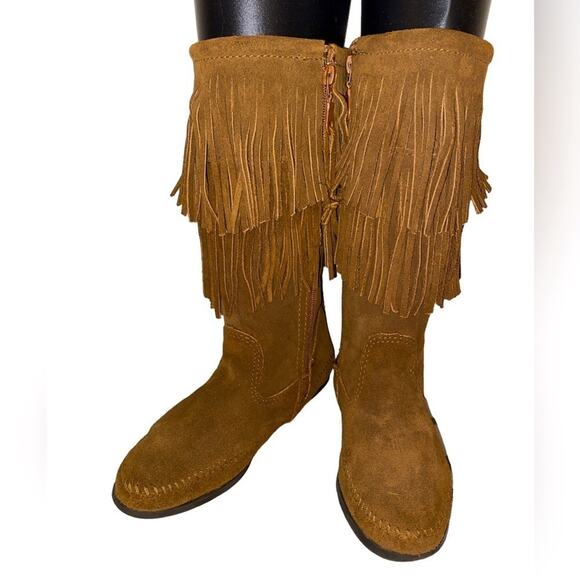 Minnetonka 2-Layer Fringe Boot Brown Suede Leather Size 7 Western Boho Festival - Picture 1 of 6